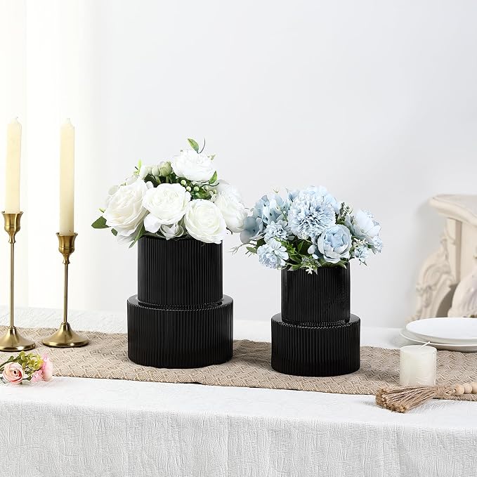 Ribbed Glass Vases for Bouquet, Set of 2 Black Glass Vases for Flowers, Black Flower Vase for Tulips, Modern Vase for Living Room, Office, Coffe Table, Dining Table, Shelf, Wedding