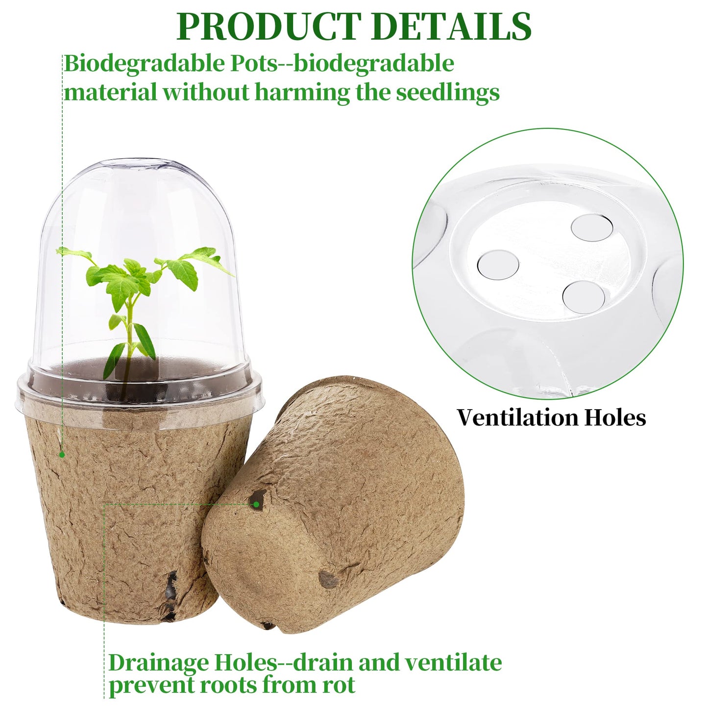 Hahood 60 Set Plant Seeding Pots with Humidity Dome, 3 Inch Brown Biodegradable Seed Starter Pots, Plant Nursery Pots with Plant Labels for Seedlings, Garden Vegetable Germination