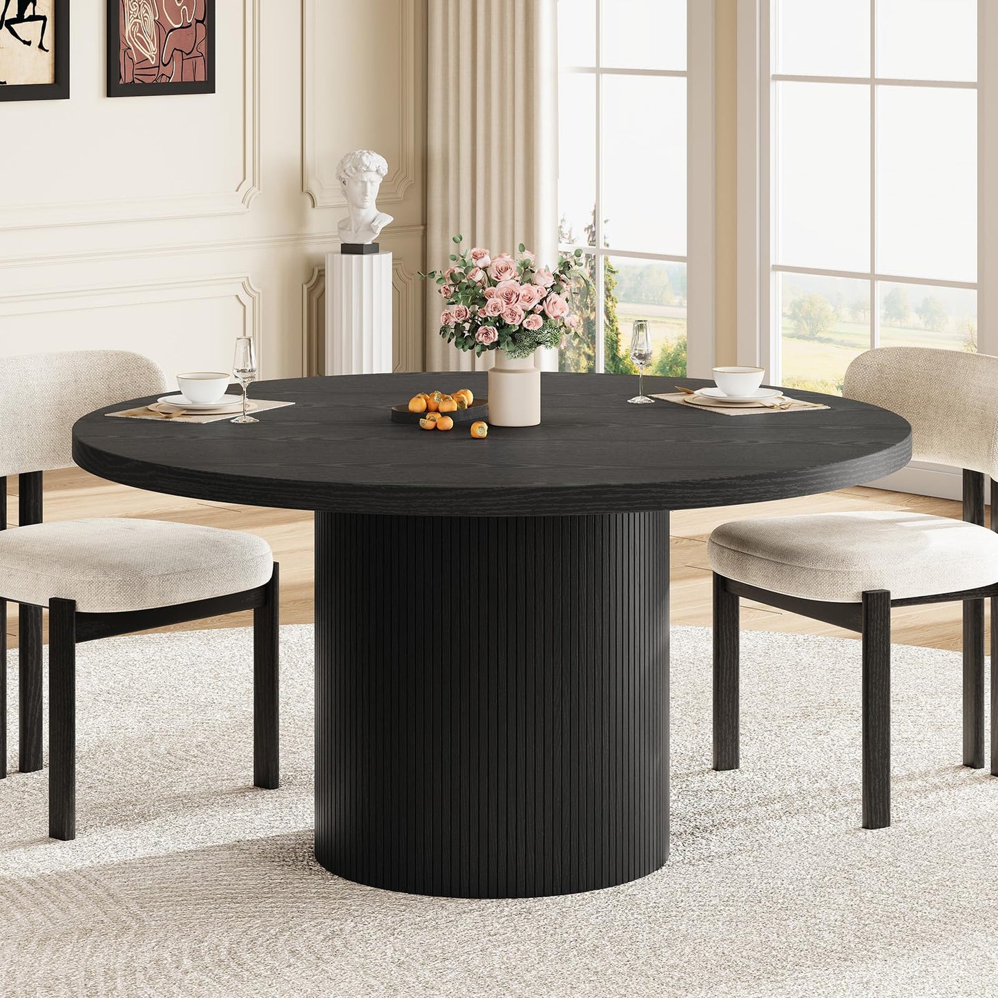 Round Kitchen Dining Table for 4-6 People, 47 inch Mid-Century Circle Dinner Tables, Rustic Wood Base in Fluted Design, Space Saving Dining Room Furniture, Large Table Only for Family Party, Black
