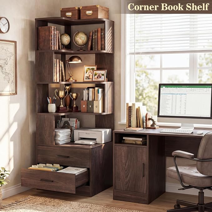 Armocity Corner Bookshelf with Drawers, 7 Tier Corner Book Shelf Display Bookcase, Freestanding L Shaped Bookshelf for Bedroom, Home Office, Black Walnut