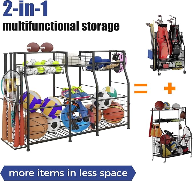 Garage Sports Equipment Organizer - Ball Storage Rack with Elastic Rope or Wire Mesh,Garage Organizer System with Wheels,Indoor/Outdoor Sports Rack for Sports Gear and Toys Storage,Black