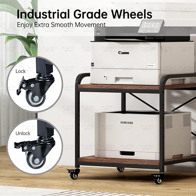 Fannova Under Desk Printer Stand, 20 Inches Deep Large Printer Table with Height Adjustable Storage Shelf, 2 Tier Rolling Printer Cart with Wheels for Home Office - Rustic Brown