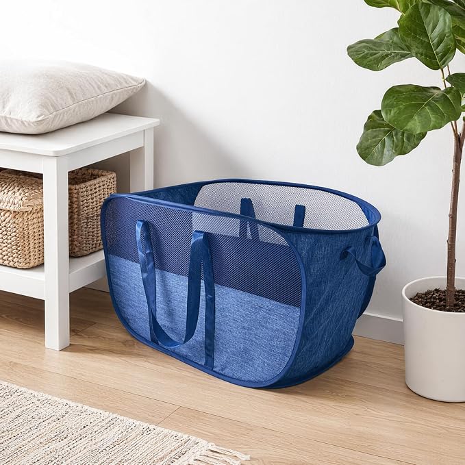 100L Collapsible Laundry Baskets 2 Pack, Extra Large Mesh Pop Up Laundry Hamper, Dirty Clothes Hamper with Reinforced Handles, Folding Hampers for Travel. Dorm or Home Portable Laundry Baskets. Blue