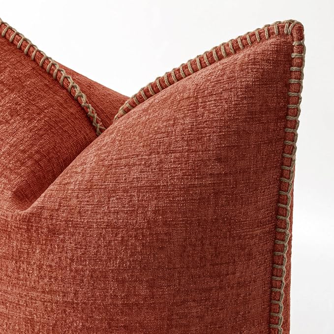 MIULEE Pack of 2 Fall Lumbar Throw Pillow Covers 12x20 Inch Burnt Orange Farmhouse Decorative Pillow Covers with Stitched Edge Soft Chenille Solid Dyed Pillow Covers for Couch Sofa Bed Living Room