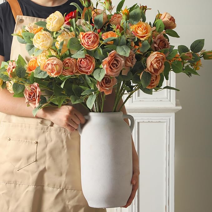 Large Flower Vase Home Decor - Tall Ceramic Farmhouse White Rustic Table Vases with Handle Living Room Decoration Decorative Modern for Fireplace Kitchen (12" Rustic)