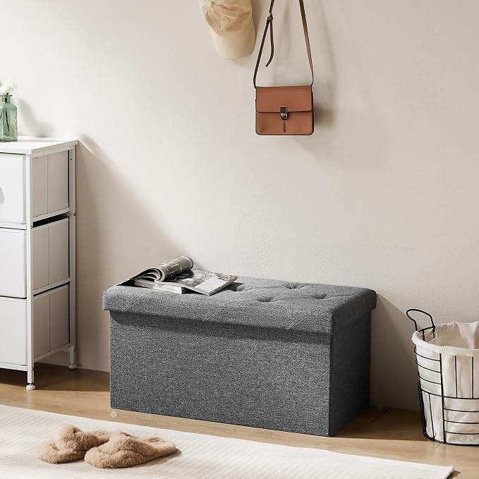 DUMOS 30 Inch Folding Storage Ottoman Bench, Large Hidden Storage Chest withThicker Foam Padded Seat, End of Bed Foot Rest Stool for Bedroom Living Room Entryway, Load 660 lbs, Grey