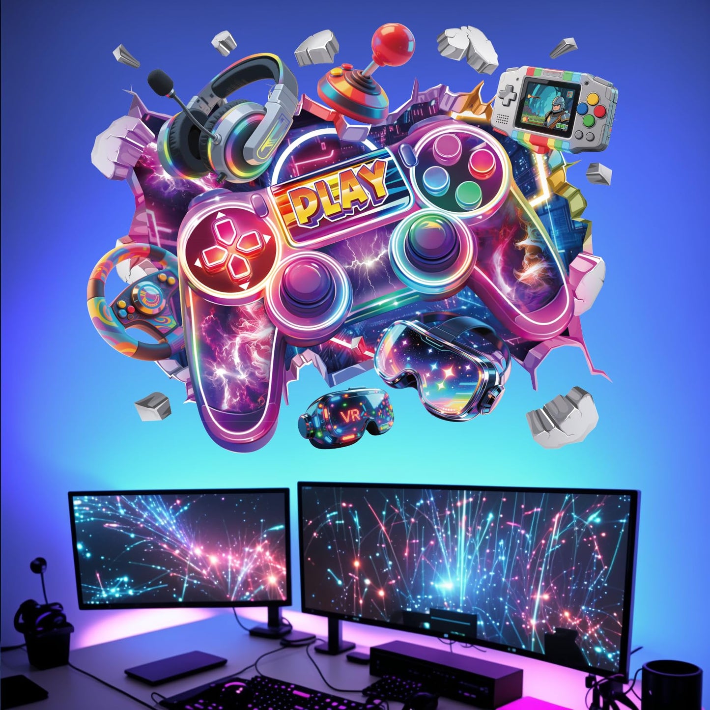Peelora Large 3D Game Wall Stickers Gaming Joystick Gamer Controller Video Wall Decals Boys Playroom Teenagers Bedroom Reusable Self-Adhesive Wall Decor Stickers