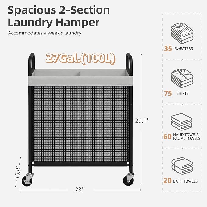 STORAGE MANIAC Rolling Laundry Hamper with Wheels 2-Section Laundry Sorter Rolling Laundrys Basket on Wheels with Removable Bag Clothes Hamper Laundrys Organizer Cart Bathroom Bedroom 100L Grey