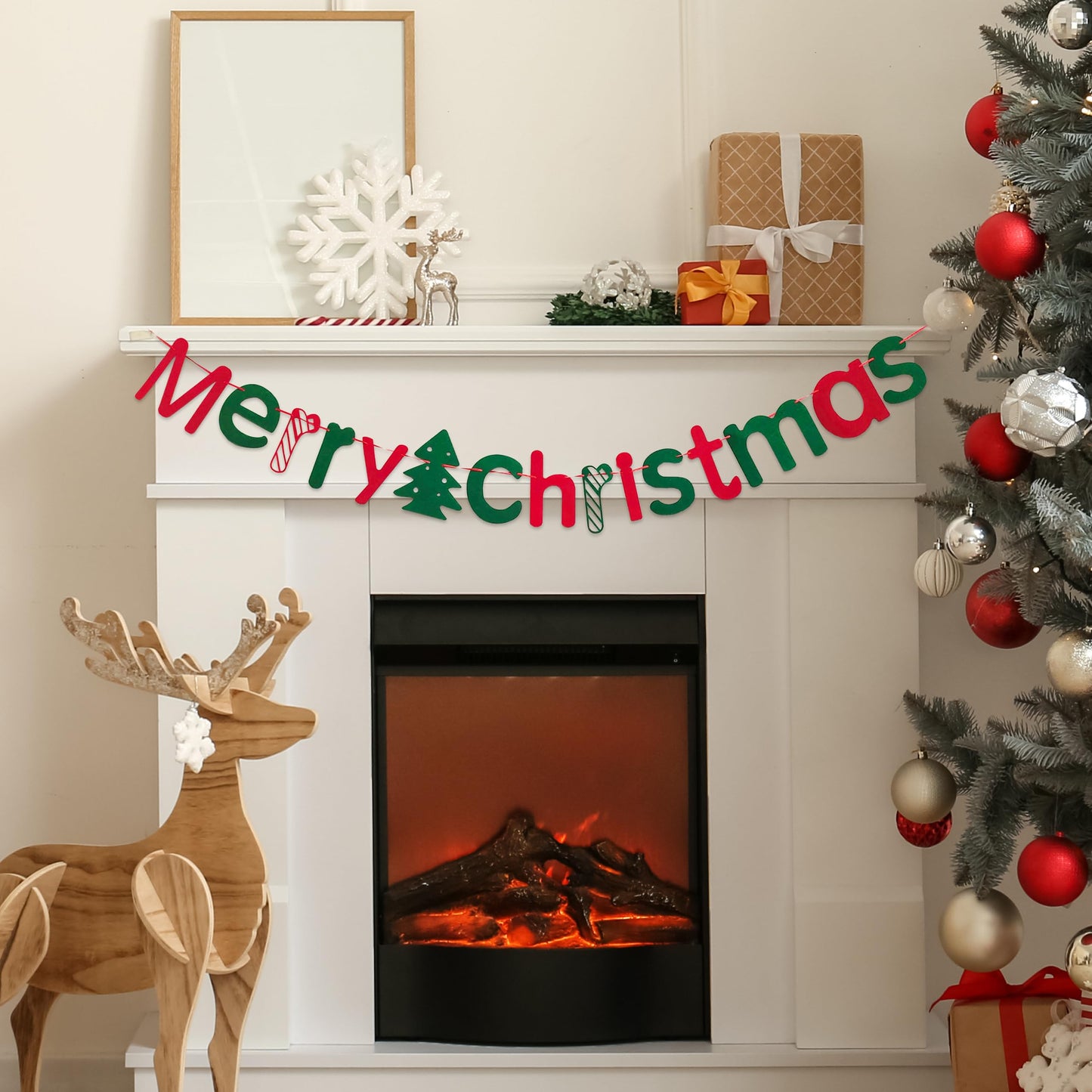 JSDJ Merry Christmas Banner with Christmas Tree Red Green Wool Felt Garland Happy Holiday Decoration Indoor Cute Hanging Decor for Mantel Fireplace Wall, Kids Bedroom, Living Room,Party Supplies