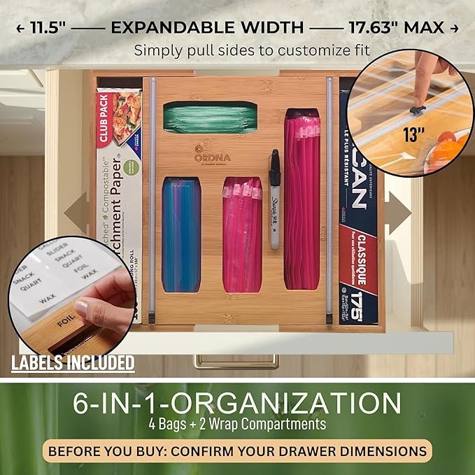 3" Slim 6-in-1 Expandable Storage Bag Organizer Kitchen Drawer - Bamboo Baggie Organizer for Drawer, Aluminum Foil & Saran Wrap Cutter, Plastic, Gallon, Quart & Sandwich Bags (11.5"-17.63" Wide)