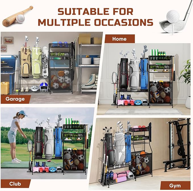 Garage Sports Equipment Organizer,3 Golf Bags Storage Stand,Heavy-Duty Ball Storage Rack with Basket and Hooks,Space-Saving Design for Toy Sports Gear Storage Indoor/Outdoor Use (Black)