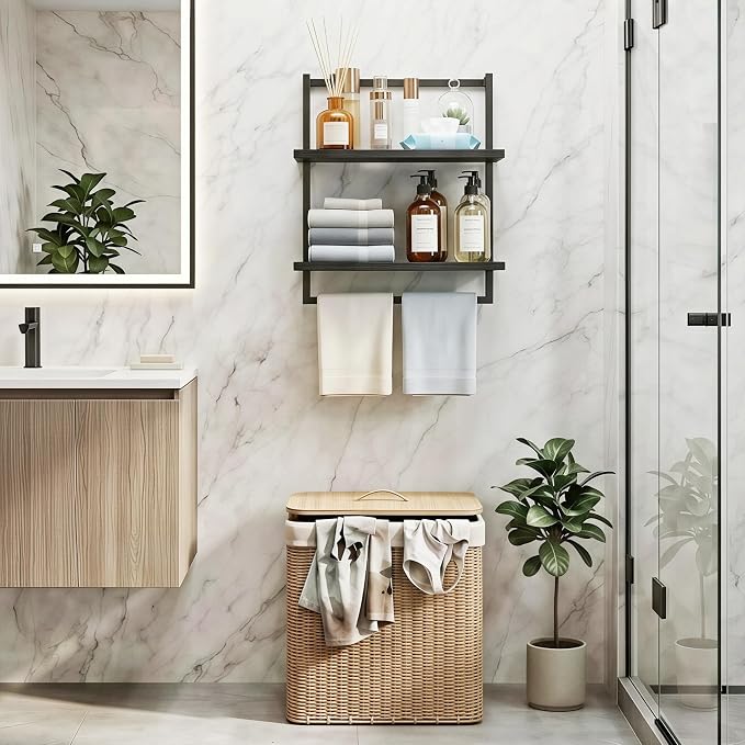 Wall Mounted Towel Rack for Bathroom, Bath Storage Holder 3-Tier Steel Wood Towel Shelf with Bar, Black