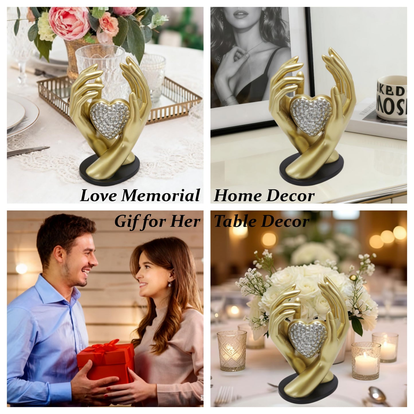 Spring Decorations Wedding Couple gifts,Table Statues Gold Home Decor Aesthetic Lover Figurine-Heart Hands Sculpture for Living Room Bedroom Shelf Office Decor,Anniversary Birthday Gifts for Women Men
