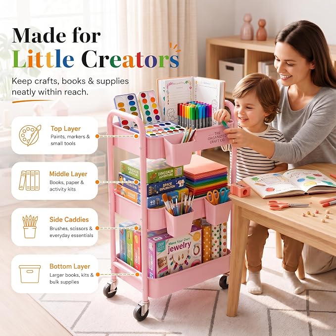 3 Tier Rolling Cart Metal with Lockable Wheels, Pink Three Tiered Diaper Caddy Cart Organizer on Wheels, Storage Utility Trolley Carts for Craft, Art, Nail, Lash, Baby Supplies, Cleaning, Mesh