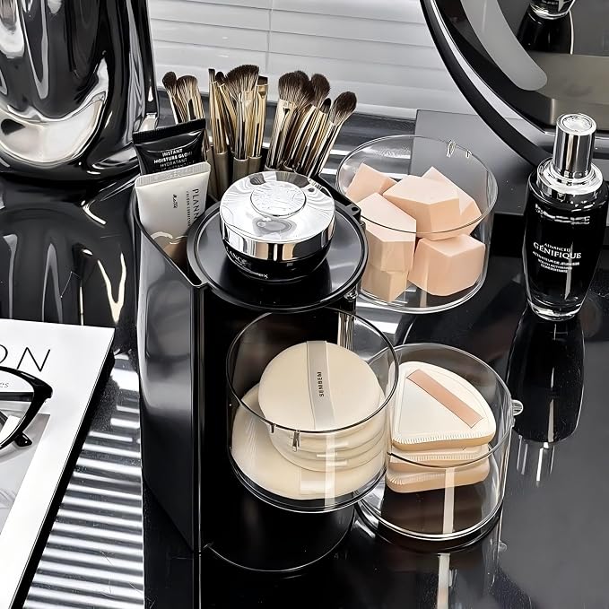 Azurphoric Hair Accessories Organizer with Hair Brush Holder, Rotatable Makeup Brush Holder for Necklaces, Earring, Bracelet, Ring, Makeup Brushes, Hair Clip and Hair Accessories (Black, 3-Layer)