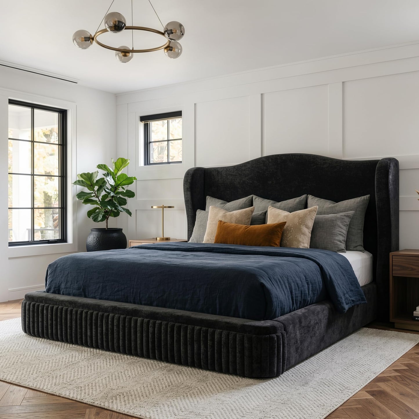 Homkdom Cloud Bed Frame Queen Size, Upholstered Platform Bed with Extra High Wingback Headboard, Shimmering Fabric & Thick Corduroy Design for Stability, No Box Spring Needed, Easy Assembly, Black