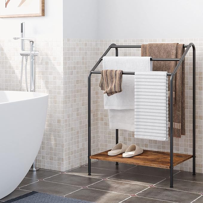 HOOBRO Freestanding Towel-Rack for Bathroom, 3 Tier Blanket Rack for Living Room, 23.6" L x 14.2" W x 33.9" H, Quilt Blanket Ladder Holder, Drying and Display Rack, Rustic Brown and Black BF63LB01