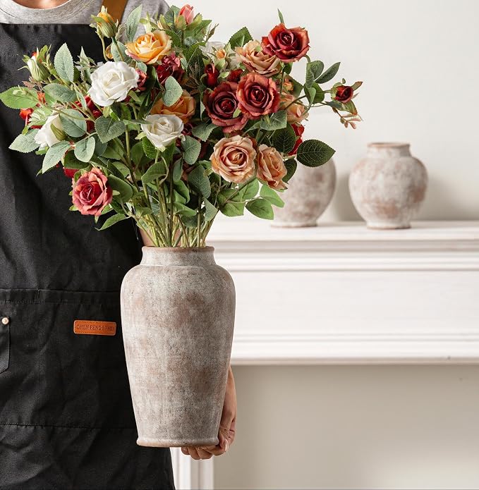 Ceramic Rustic Vase, Large Flower Vase Tall Farmhouse Decorative Vase Floral Pottery Vases for Home Decor Table Living Room Entryway Mantel Bedroom Bathroom Kitchen - 11 Inch Rustic