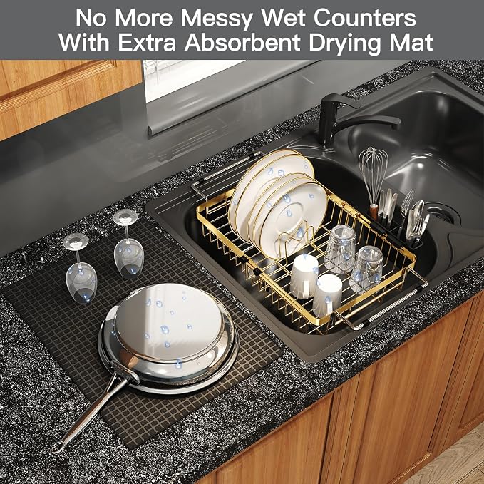 MAJALiS Gold Dish Drying Rack Over The Sink with Utensil Holder, Mat | Expandable Stainless Steel Dish Drainer for Small Kitchen, Apartment, RV, Counter Space Saving, Perfect Fit, Rustproof