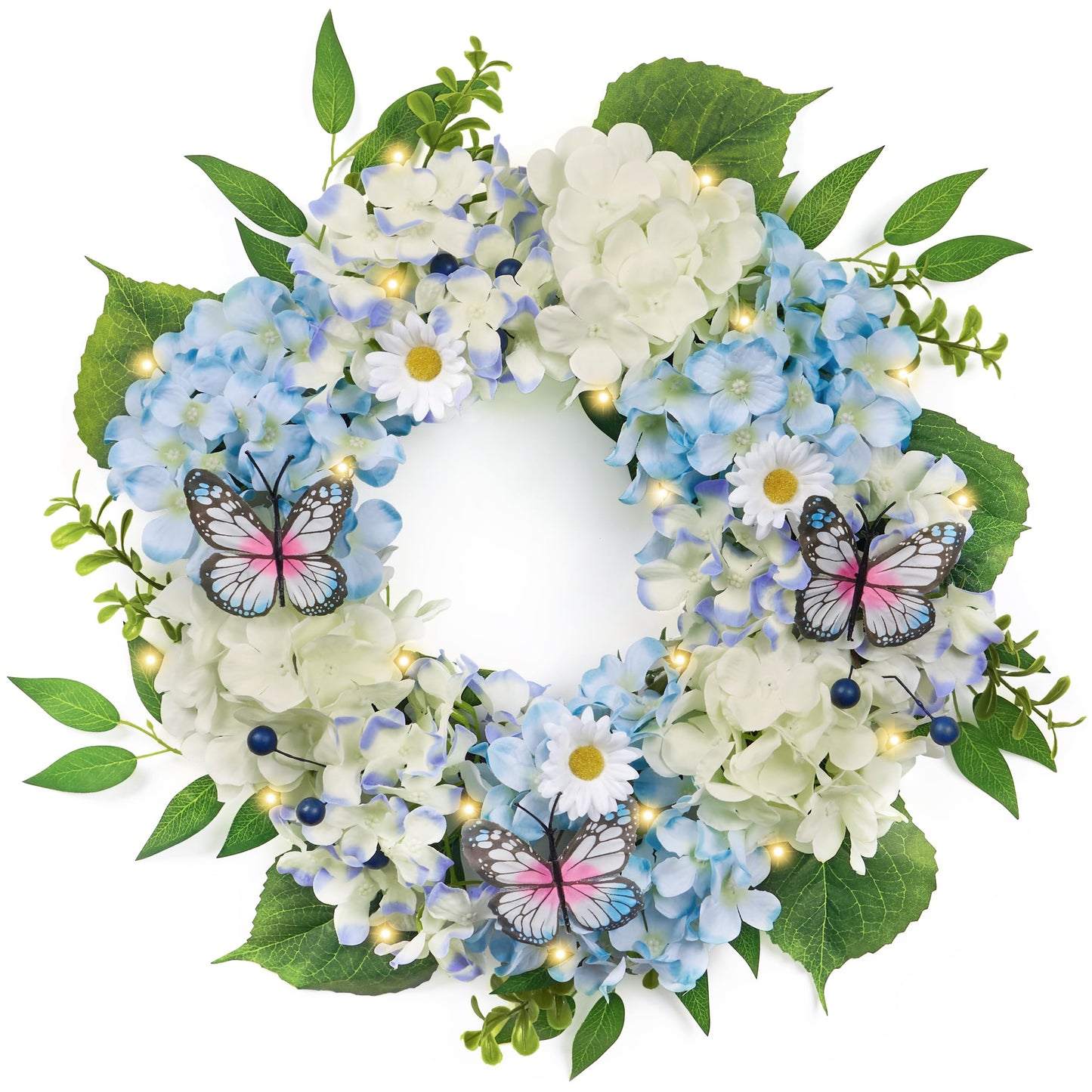 Valery Madelyn Spring Wreaths for Front Door with Lights, Silk Blue White Hydrangeas Floral Summer Wreath with Eucalyptus Leaves Butterfly for Home Porch Window Wedding Arch-18''
