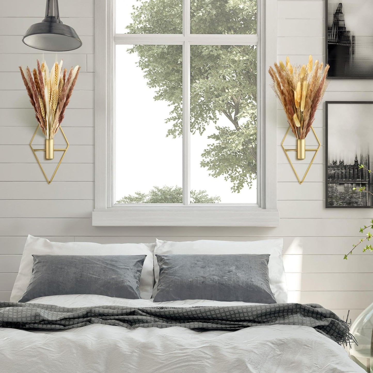 Peryiter 2 Pcs Small Boho Wall Decor Hanging Planters with Artificial Pampas Metal Wall Art Modern Home Decor Display Art for Bedroom Bathroom Living Room(Gold)