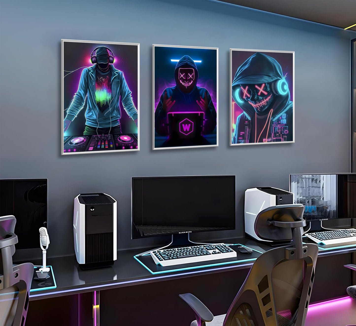 JWDXNOOK 3Pcs Cool Gaming Wall Art Neon Hooded Mask Character Pictures Posters Wall Decor Cyberpunk Canvas Paintings Prints for Teen Room Boy Bedroom Decoration Unframed