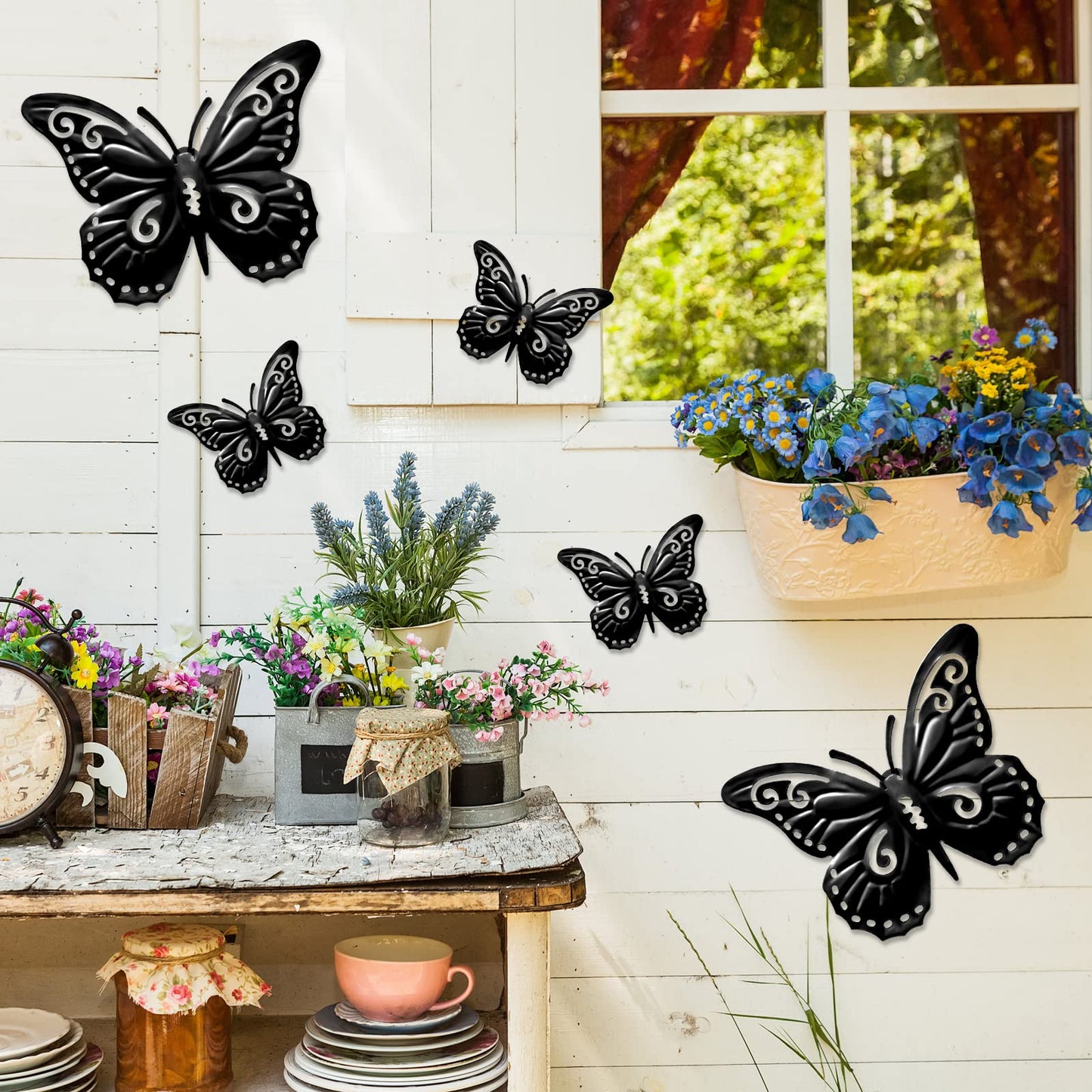 Moxweyeni 5 Pcs Butterfly Metal Wall Decor Black Butterfly Metal Wall Art Hanging Decor 3D Boho Butterflies Decoration Modern Farmhouse Rustic Walls Hanging for Bedroom Room Kitchen Indoor Outdoor