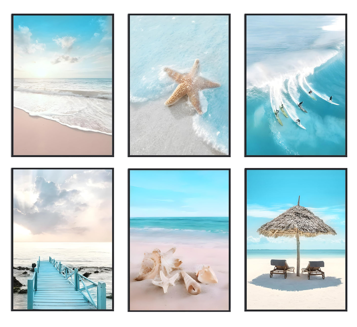 6Pcs Blue Coastal Wall Art,Beach Poster Prints,Summer Ocean Surf Pictures,Seaside Nature Scenery Wall Decor for Living Room Bedroom 8x10-inch UNFRAMED
