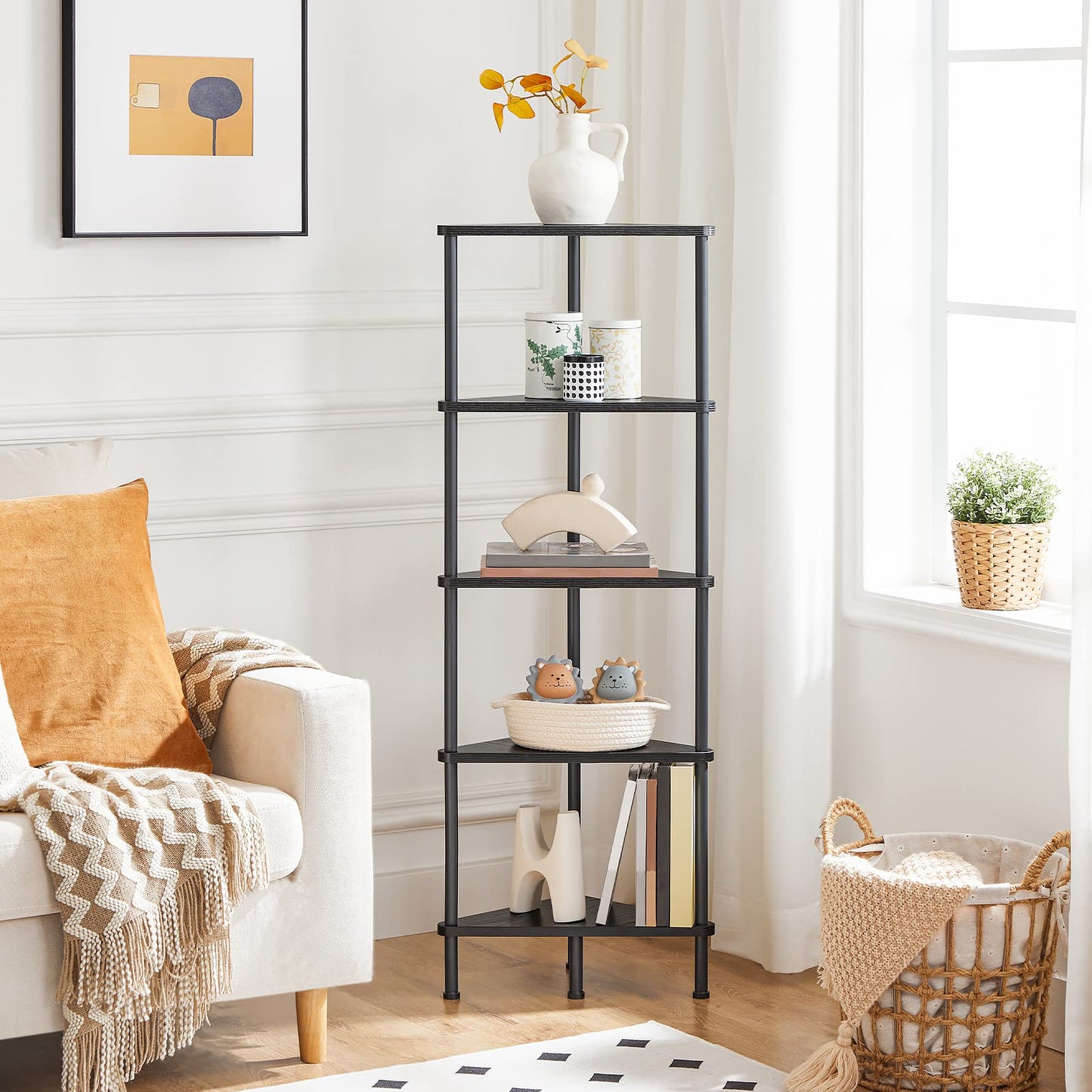 HOOBRO Corner Shelf Stand, Industrial 5-Tier Wall Corner Bookshelf with Metal Frame, Plant Display Shelf, Bookcase for Small Spaces, Bedroom, Living Room, Black BK33CJ01
