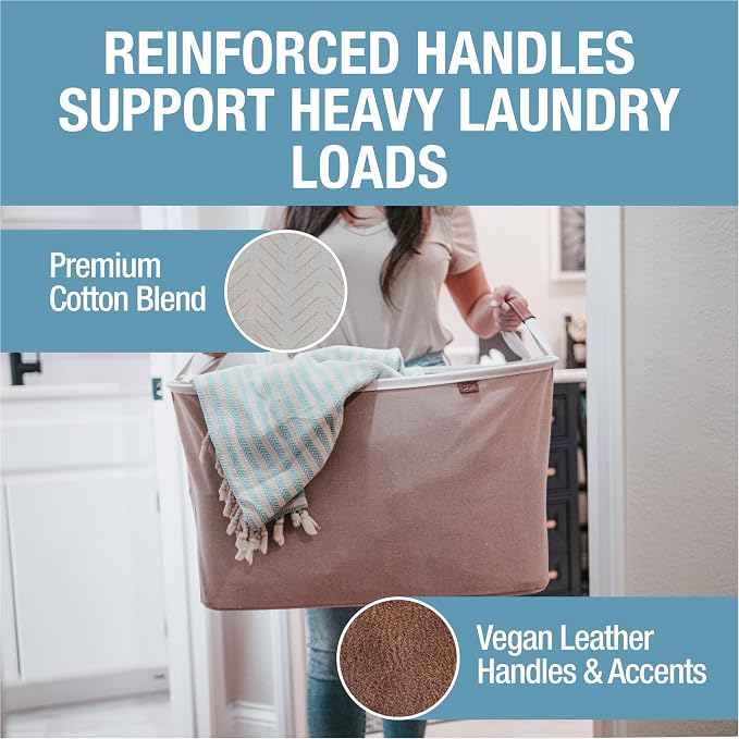 CleverMade Collapsible Laundry Basket LUXE 2 Pack – 60 L (16 Gal) Foldable Cotton Blend Clothes Hamper with Vegan Leather Accents, Reinforced Handles, Space Saving Laundry Bin Holds 55 lbs - Cream