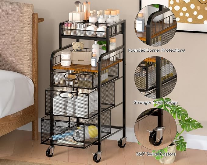 SWTYMIKI Rolling Cart with Drawers - Metal Craft Cart with Wheels, DIY Divider and Wood Shelf, Art Supply Organizer Craft Organizer and Storage, Utility Storage Cart for Home Office Studio, Espresso