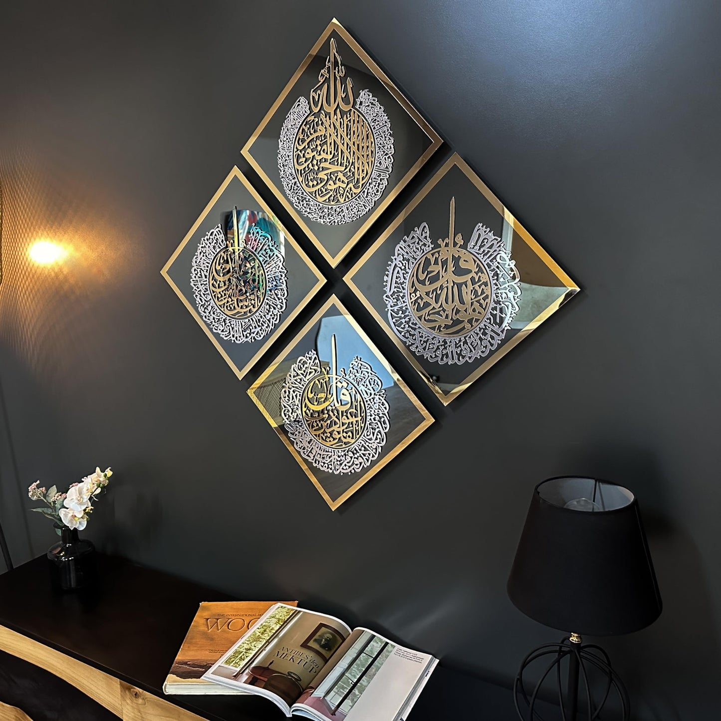 iwa concept Ayatul Kursi, Surah Al Ikhlas, Al Falaq and Al Nas Tempered Glass Set Islamic Wall Art, Quran Verse Arabic Calligraphy Decor, Islamic Gift for Muslims at Ramadan (Black Glass)