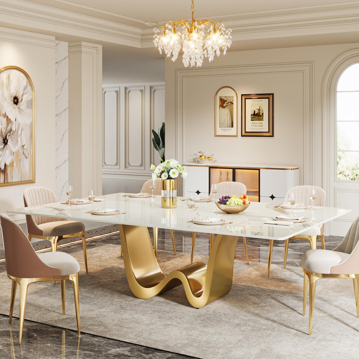 Tribesigns 78.74" Sintered Stone Dining Table for 6-8, Modern Rectangle Dining Table, Luxury White & Gold Kitchen Table with Stone Slate Katakin Tabletop & W-Shaped Stainless Steel Base (Only Table)