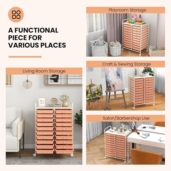 COSTWAY 20-Drawer Rolling Storage Cart, Utility Storage Organizer Cart for Tools, Scrapbook, Paper, Craft, Multipurpose Storage Trolley on Wheels for Home Office School, Peach