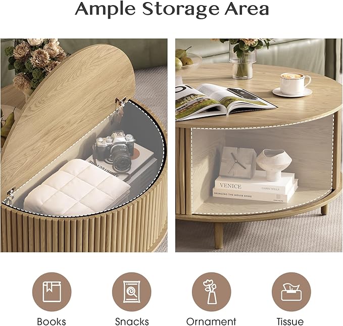 JOINICE,Round Coffee Table with Storage, 31.5" Natural Oak Fluted Center Table with Sliding Door, Modern Circle Drum Table for Living Room, Scandi Wood Furniture for Small Spaces