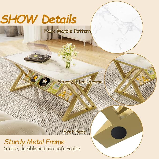 Wolawu Coffee Table Living Room Table with Storage Shelf, White Table Simple Modern Faux Marble Rectangular Tables with Sturdy Gold Metal Frame,Industrial Wooden Coffee Table for Bedroom Home Office