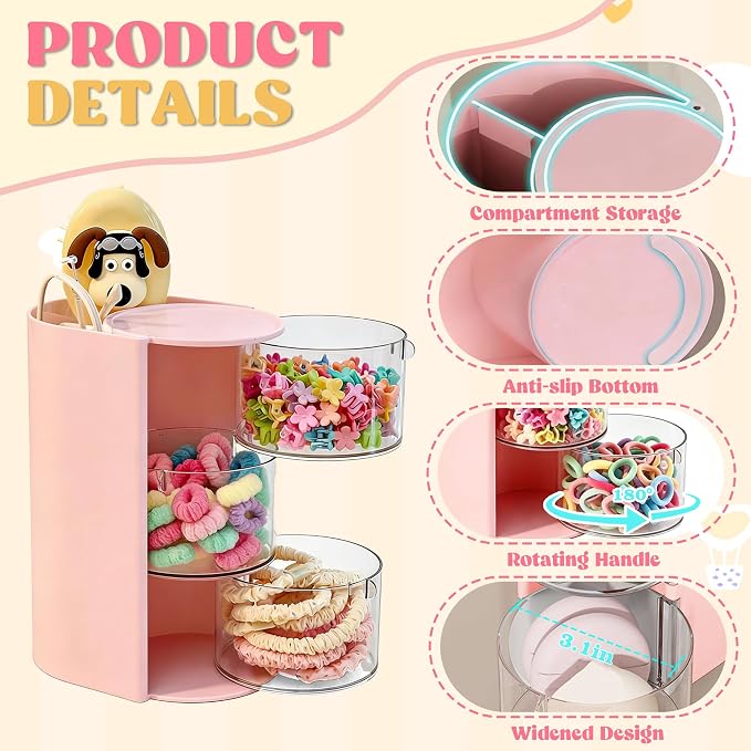 Azurphoric Hair Accessories Organizer with Hair Brush Holder, Rotatable Makeup Brush Holder for Necklaces, Earring, Bracelet, Ring, Makeup Brushes, Hair Clip and Hair Accessories (Pink, 3-Layer)