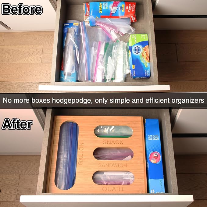 LOPASA Baggie Organizer for Drawer Compatible with Ziplock Food Storage Bag, Sandwich Bag Organization for Kitchen Drawer, Plastic Baggie Storage Box for Pantry(Bamboo)