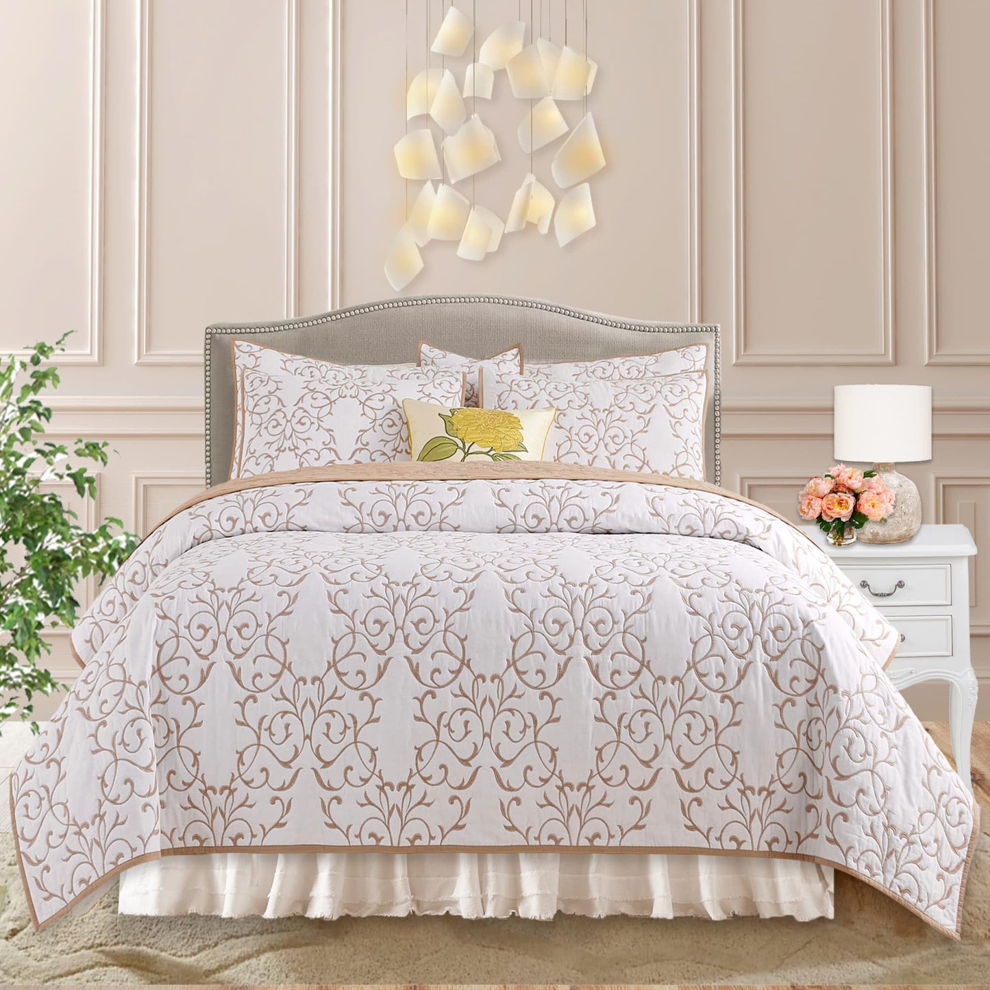 Querencia Cotton Quilt King Size - Embroidered Beige Quilt Tan Cotton Coverlet, French Country Toile Bedding, Farmhouse Bed Spread Set Neutral (Beige and White, King/Cal King, 3 Pieces)