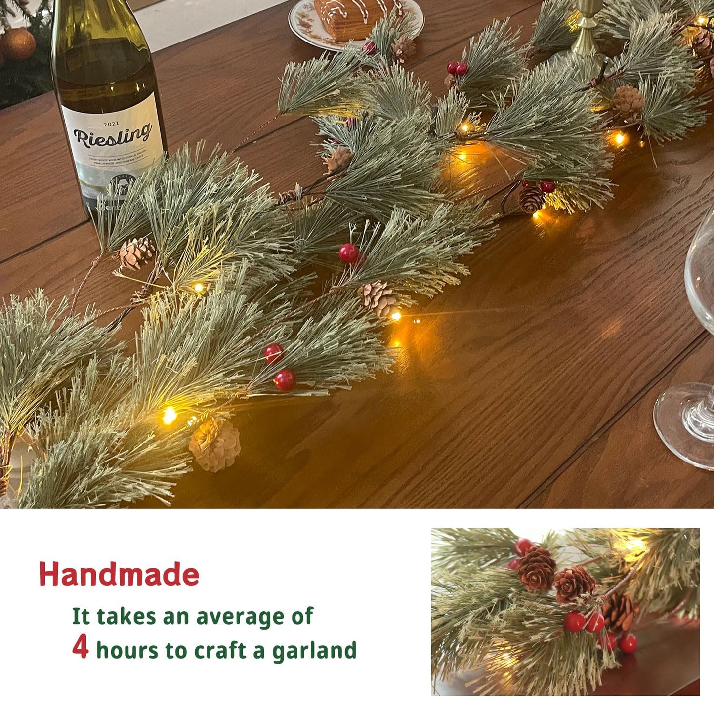 6.4 FT Artificial Cedar Garlands, Real Touch Winter Pine Garland with Red Berries, Green Greenery Garland for Table, Mantle, Wall, Indoor, Outdoor Christmas Decorations