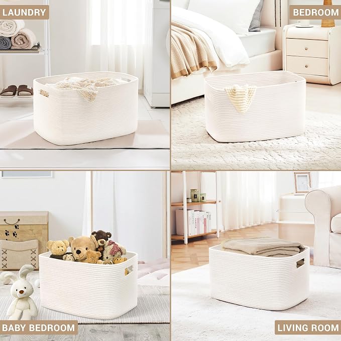 86L Large Baby Girls Laundry Basket for Nursery Storage,Cute Woven cotton Rope Baskets for Kids Toy，Gifts, Boho Square Wicker Blanket hamper for Living Room,Bedroom Dirty Clothes, White