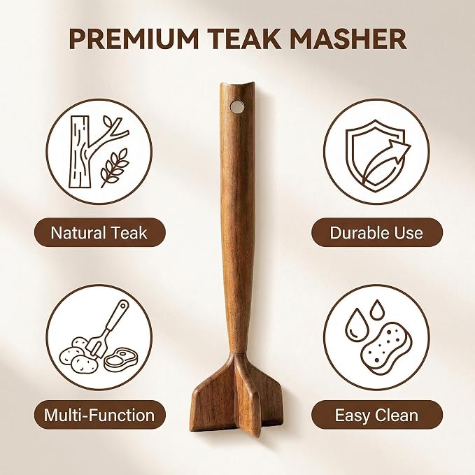 Natural Teak Wood Meat Masher, Ground Beef Masher, 11.5 Inch Chicken Shredder Tool, Multipurpose Kitchen Tool