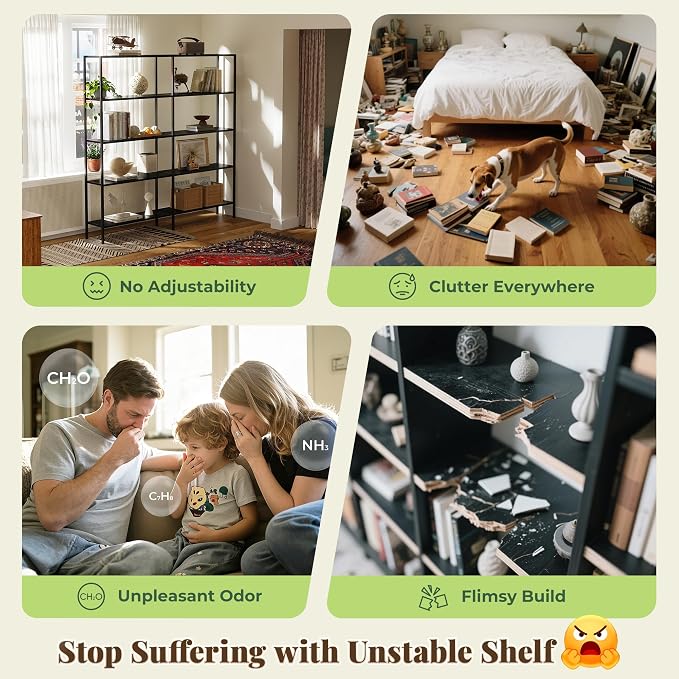 Huuger 4 Tier Bookshelf, L Shaped Corner Bookshelf with 8 Open Shelves, 49.4 Inch Straight Wide Bookcase with Metal Frame and Wooden Board, Adjustable Feet, Black