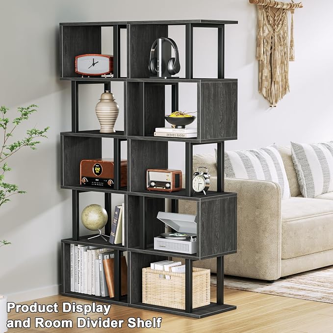 Furologee 6 Tier Bookshelf Tall Geometric Bookcase, S Shaped Industrial Display Standing Shelf, Metal and Wood Decorative Storage Room Divider Rack for Bedroom, Living Room, Office, Light Black Oak