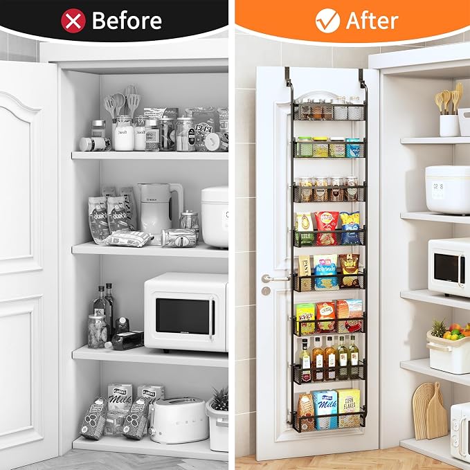 Over the Door Pantry Organizer, 8-Tier Pantry Door Organization and Storage, Over the Door Spice Rack, Home & Kitchen Storage Shelves for Cabinet, Black