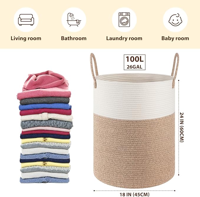 OIAHOMY Large Laundry Basket Hamper - 100L Cotton Rope Woven Basket for Blankets, Toys, Clothes - Tall Decorative Nursery Hamper with Long Handles, Brown/White