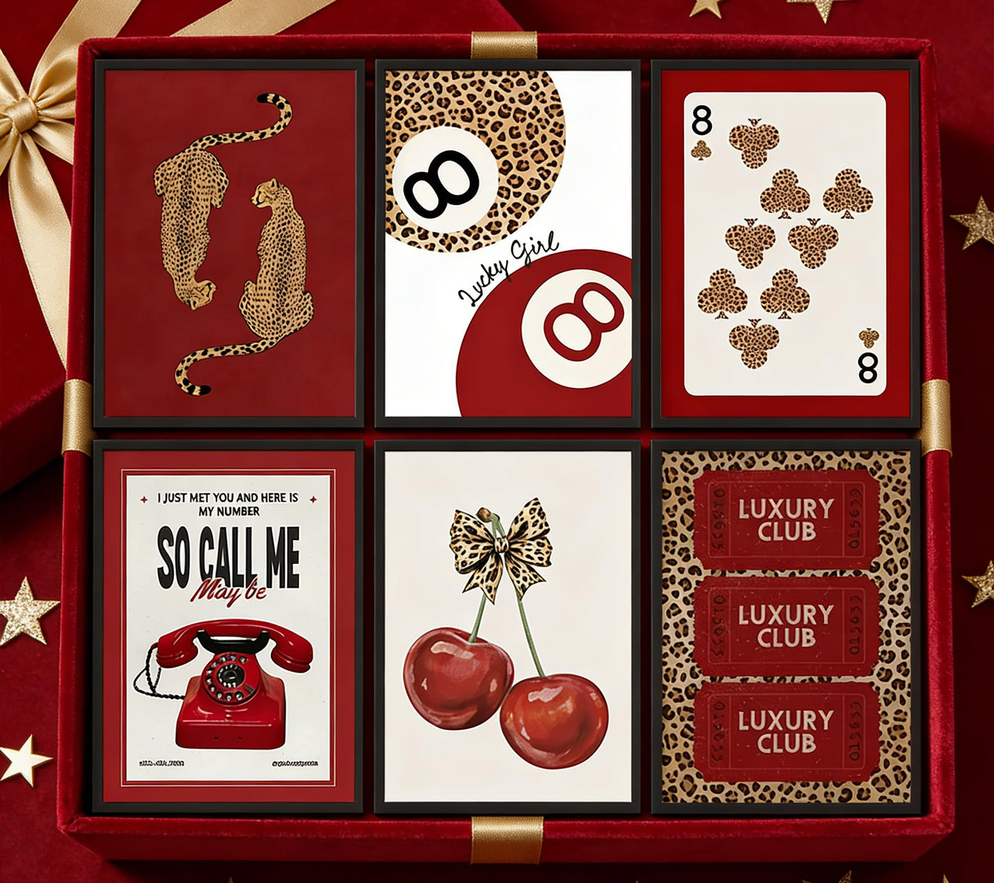 6Pcs Red Trendy Leopard Wall Art Funky Lucky 8 Ball Poker Painting Pictures Preppy Cherry Bow Wall Decors Y2K Cheetah Posters Print Artworks for Bedroom Dorm Apartment Home Decoration 8x10in Unframed
