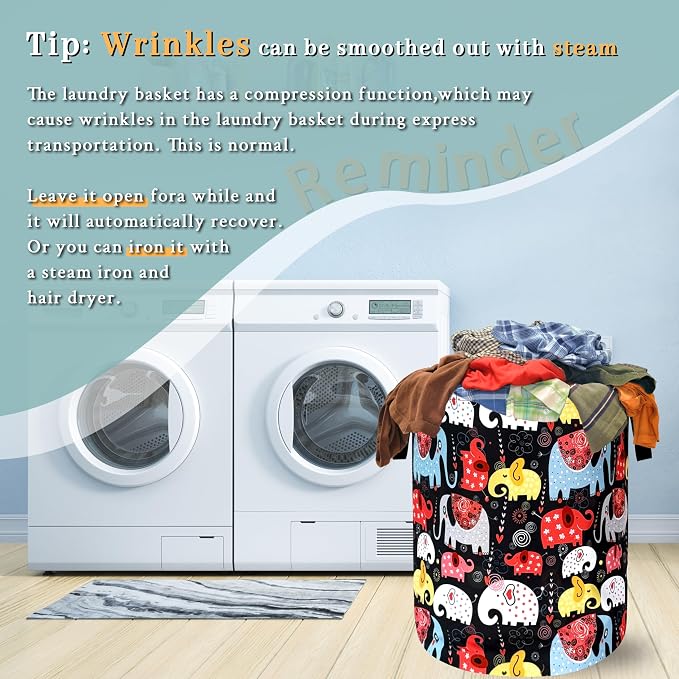 Colorful Elephant Laundry Basket Foldable With Handles Boho Animal Tote Bag Oxford Cloth Funny Laundry Hamper Clothes Storage Bucket Toy Organizer 18.9"x16.5" For Bathroom/Laundry/Bedroom