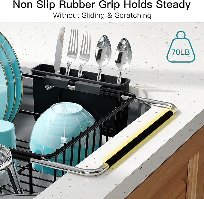 JASIWAY Black Dish Drying Rack in Sink, Expandable Stainless Steel Dish Drainers for Kitchen Counter, Dish Dryer Rack for Inside Sink, Over The Sink Dish Racks with Utensil Holder