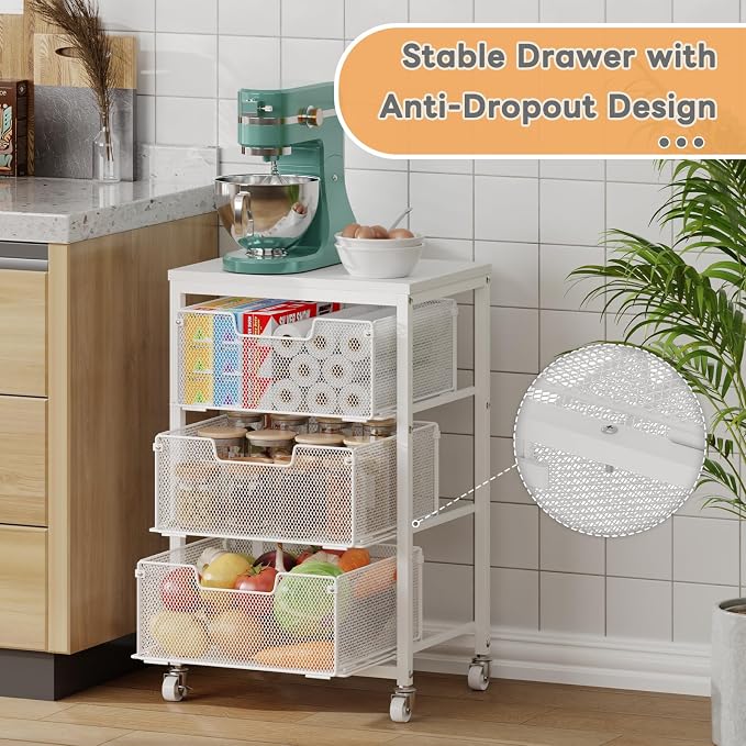 Kitchen Cart with Storage, 3-Tier Pantry Organizer and Storage Cart with Drawer, Fruit Vegetable Storage Cart with Wheels, Wooden Top Metal Wire Kitchen Organizer Rack Stand for Snack Onion Potato